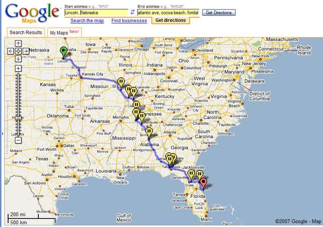 Google Maps - Nebraska to Cocoa Beach Florida with major Scenic & Historic Stops + lodging stops